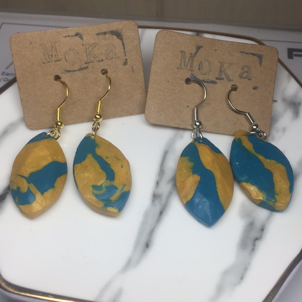 Handmade Polymer Clay Earrings Blue/Gold Dangle